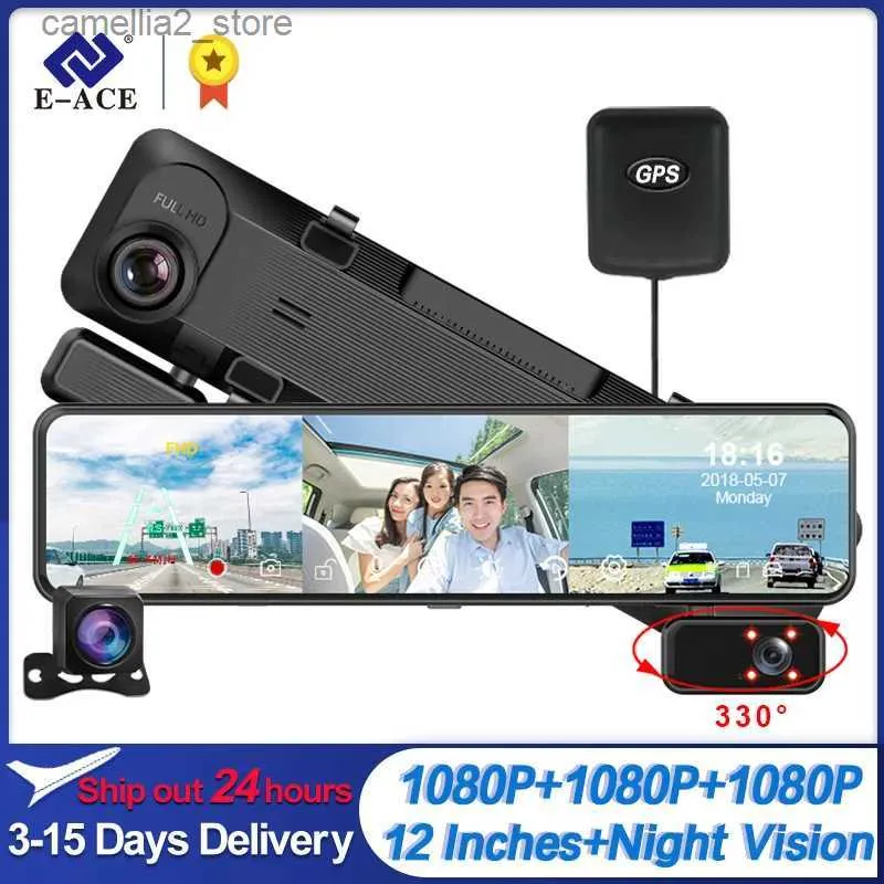 DVRs de carro E-ACE Dash Cam 11,26 polegadas 3 lentes de câmera Carro DVR Full HD 1080P Night Vision Video Recorder Dashcam Suporte Rear Cam View Recorder Q231115