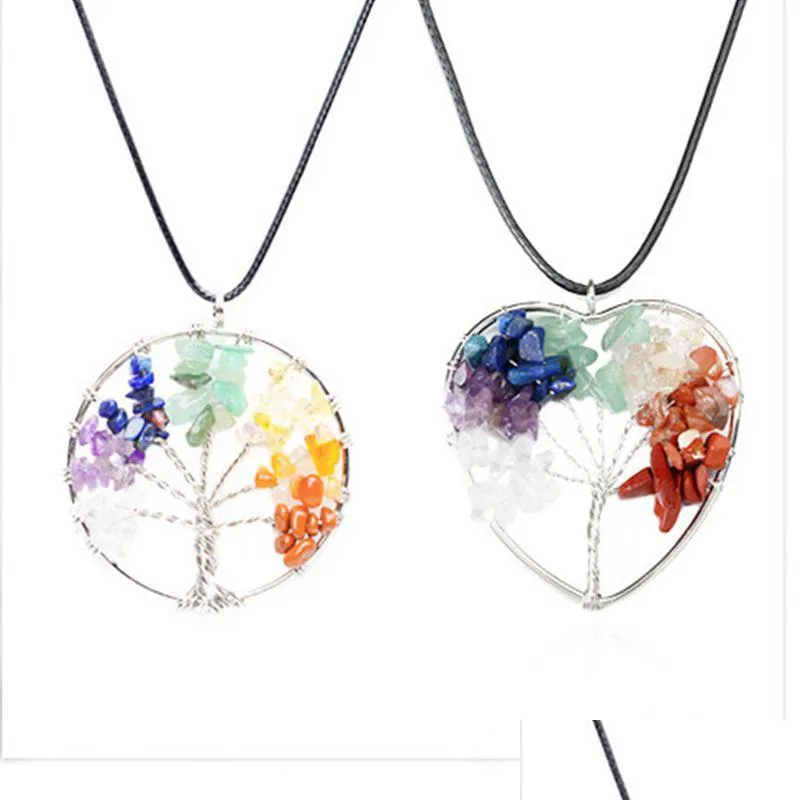 Pendant Necklaces Tree Of Life Pendant Necklace Mticolor Chakra Natural Stone Gemstone Rope Chain Women Heart Pendum Fashion Crystal J Dhsah