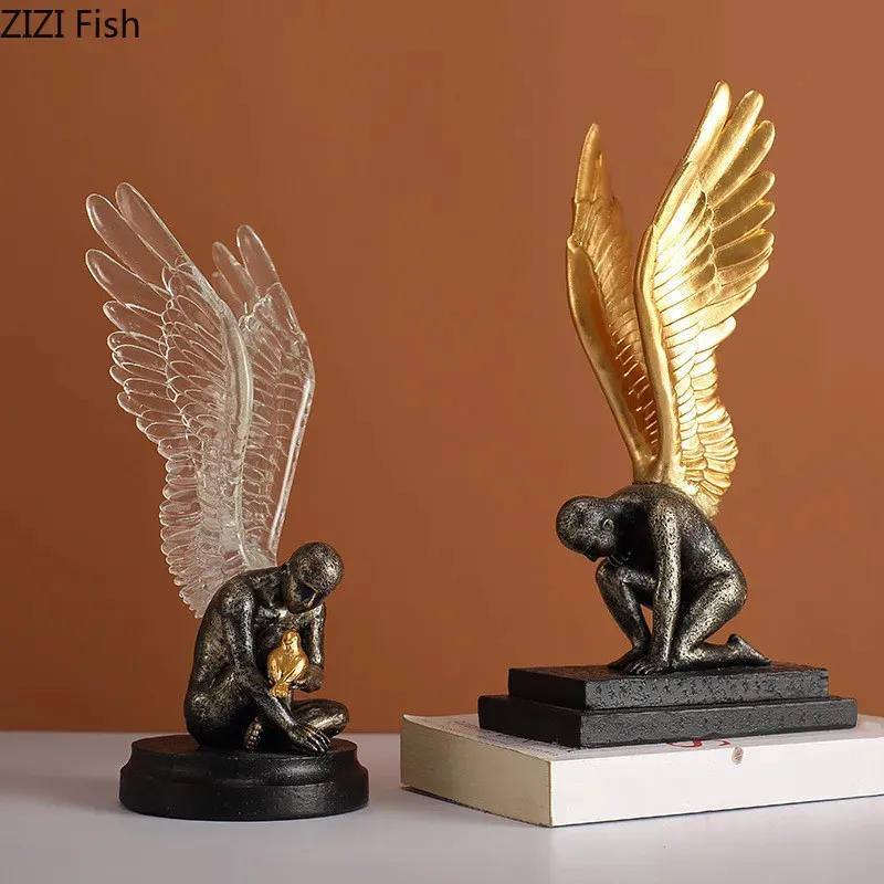 Dekorativa föremål Figurer Creative Harts Figure Staty Angel Golden Wings Golden Bird Simulation Sculpture Handikraft Hemdekoration Tillbehör 231115