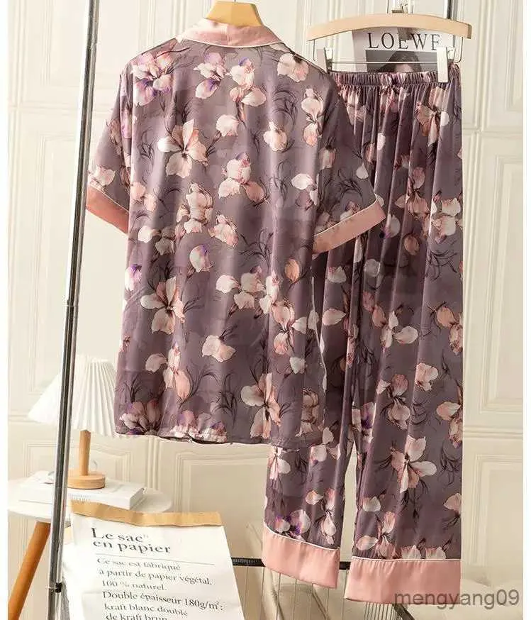 Home Clothing Femmes glace soie pyjamas costume à manches courtes vêtements de nuit imprimer maison vêtements décontracté pyjamas ensemble vêtements de nuit d'été R231115