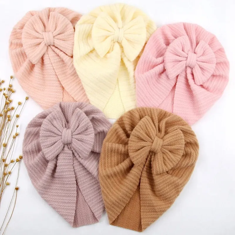 Chapeau indien en coton avec nœud papillon givré pour bébé, Bonnet rayé solide pour enfants, Bonnet chaud d'hiver pour nouveau-né, mignon, accessoires pour cheveux