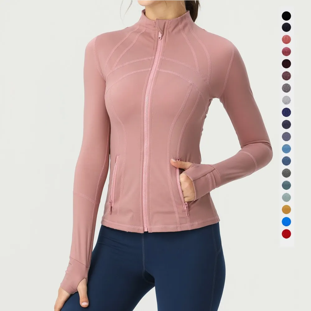 LLu Giacca da yoga Manica lunga Colletto alla coreana Cardigan con zip Felpa fitness Sport da donna Running Skinny Cappotto caldo autunnale traspirante ad asciugatura rapida