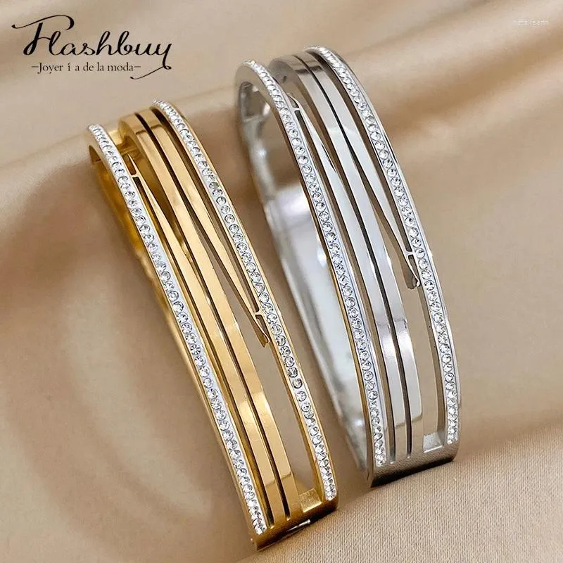 Bangle Flashbuy Trendy Chic Multi-layer Rhinestones Metal Wide Stainless Steel Bangles Bracelet For Women Gold Color Accessories