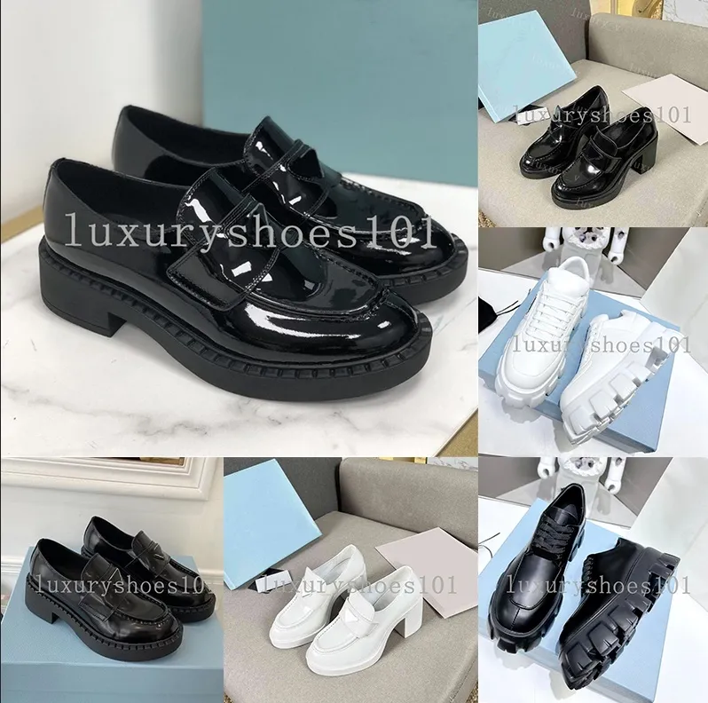 مصمم العلامة التجارية Monolith Loafer Shoes متسكعون جلدي معدني بلورات شريحة الساتان المثلث الشعار الأسود أحذية منصة