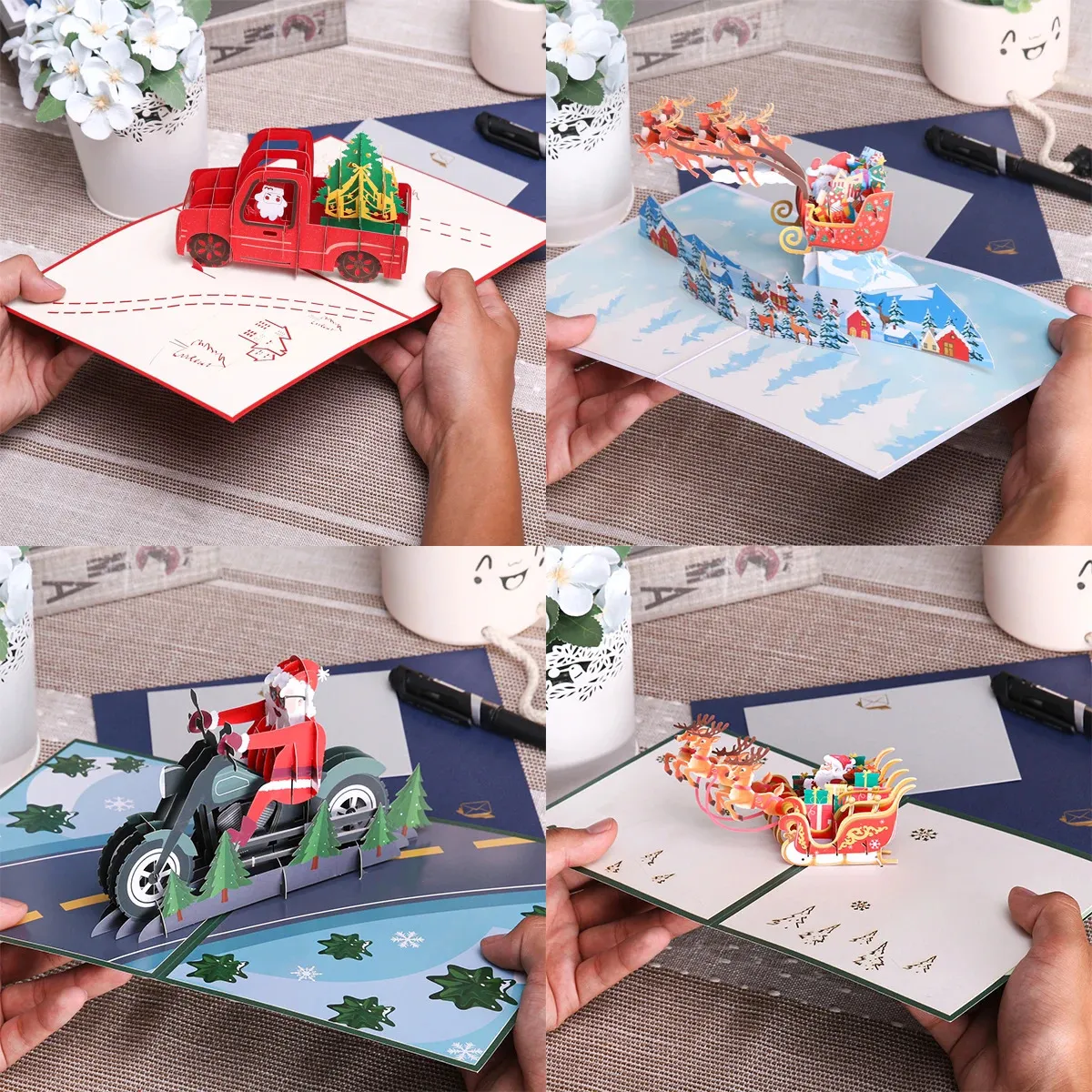 10PC cartes de voeux carte de noël 3D noël Popup carte de voeux nouvel an cadeau 231115