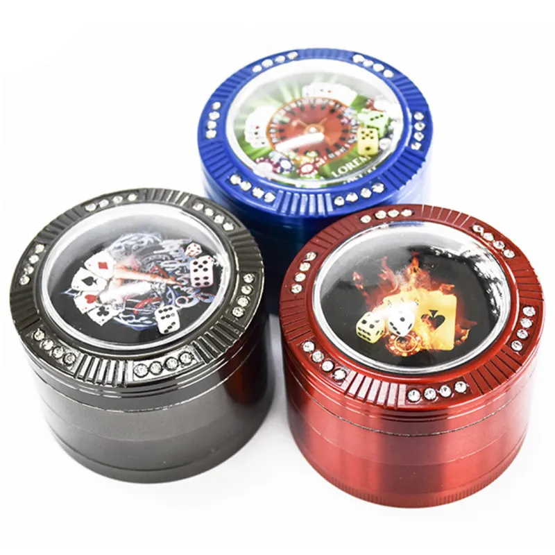 Diamante Dice Fumar Herb Tobacco Grinders Play Card Design 4 Peça Zn Liga Metal Triturador Moedor de Mão 52mm