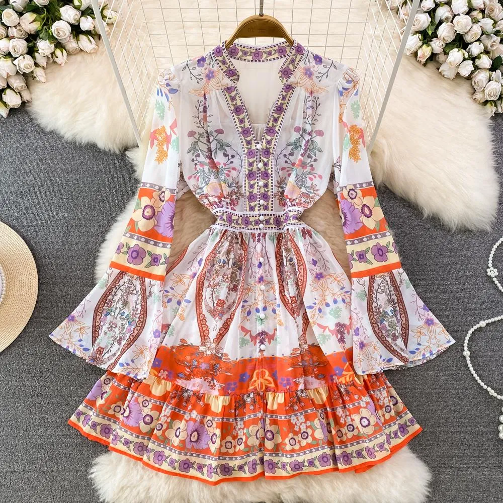 Vintage Print Lace Flare Sleeve boho casual dresses for Women - Elegant Spring Fashion
