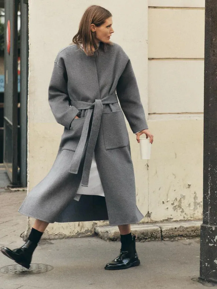 Женское пальто из смесовой шерсти ZA, серое шерстяное пальто встречного качества 2023, осенне-зимняя женская двусторонняя куртка с круглым вырезом, 231114