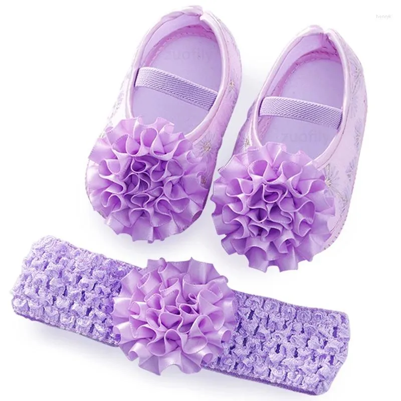 Första vandrare Spring Infant Baby Girl Shoes Born Lace Flowers Pannband Anti-halk Soft Sole Toddler Kids Cotton Dop
