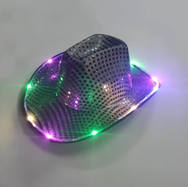 Wholesale Cowgirl LED Hat Flashing Light Up Sequin Cowboy Hats Luminous Caps Halloween Costume FY7970