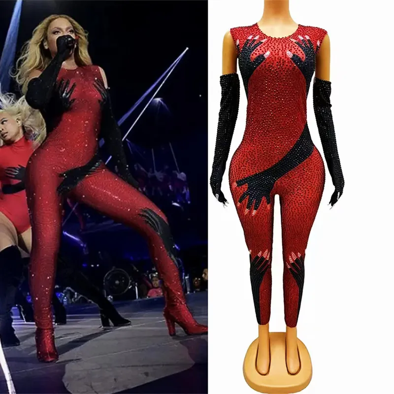 Röda strass svarta händer tryckt jumpsuit med handskar ärmlös elastisk tät sexig prestanda dans kostym sångare show scen wear fest födelsedag rompers