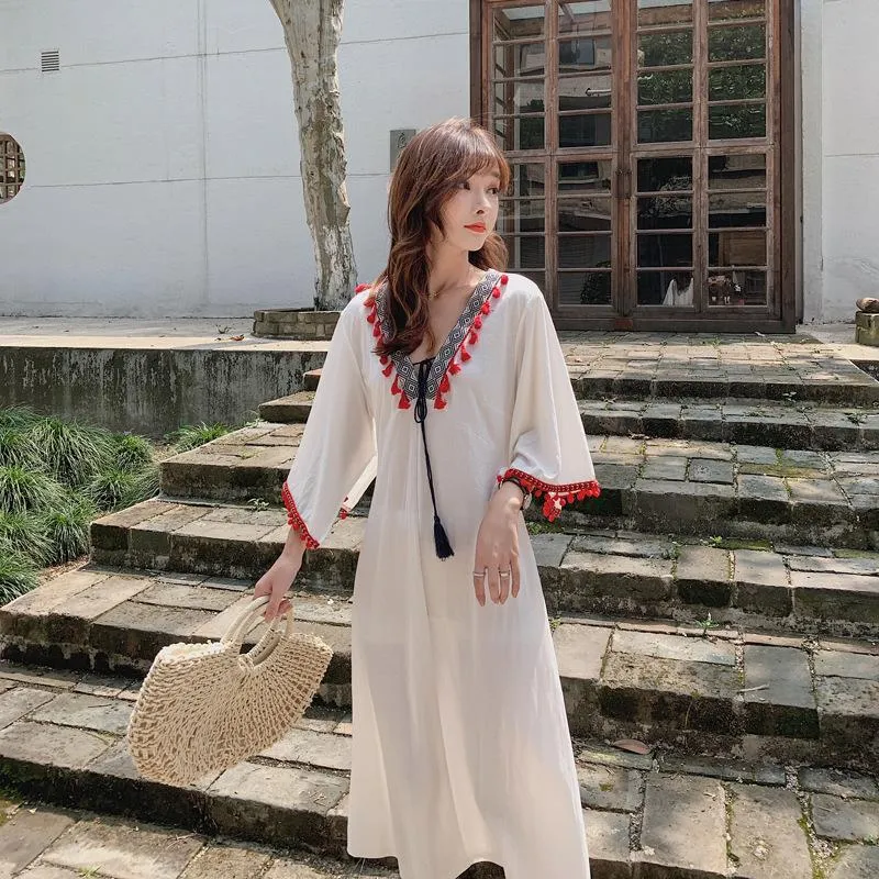 Casual Dresses Bohemian Style Long Skirt Vacation Thailand Nepal Split Flying Sleeves Fringed Fur Ball Stitching V-neck Large Size Slim Dres