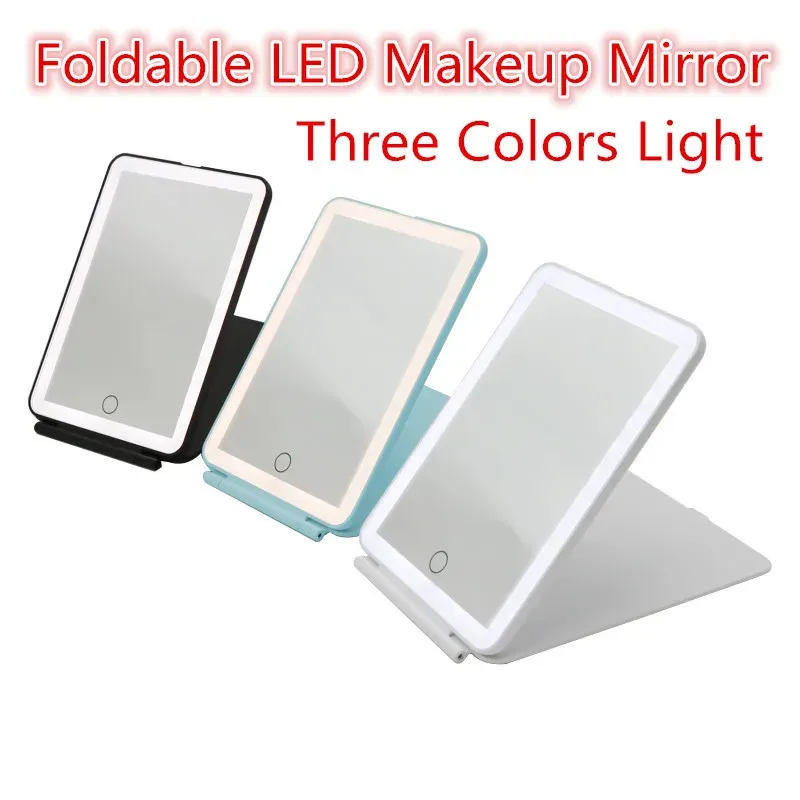 Miroirs compacts Miroir de maquillage pliable Écran tactile de bureau 3 couleurs Modes d'éclairage USB rechargeable Pliant Voyage LED Miroirs cosmétiques intelligents 231109
