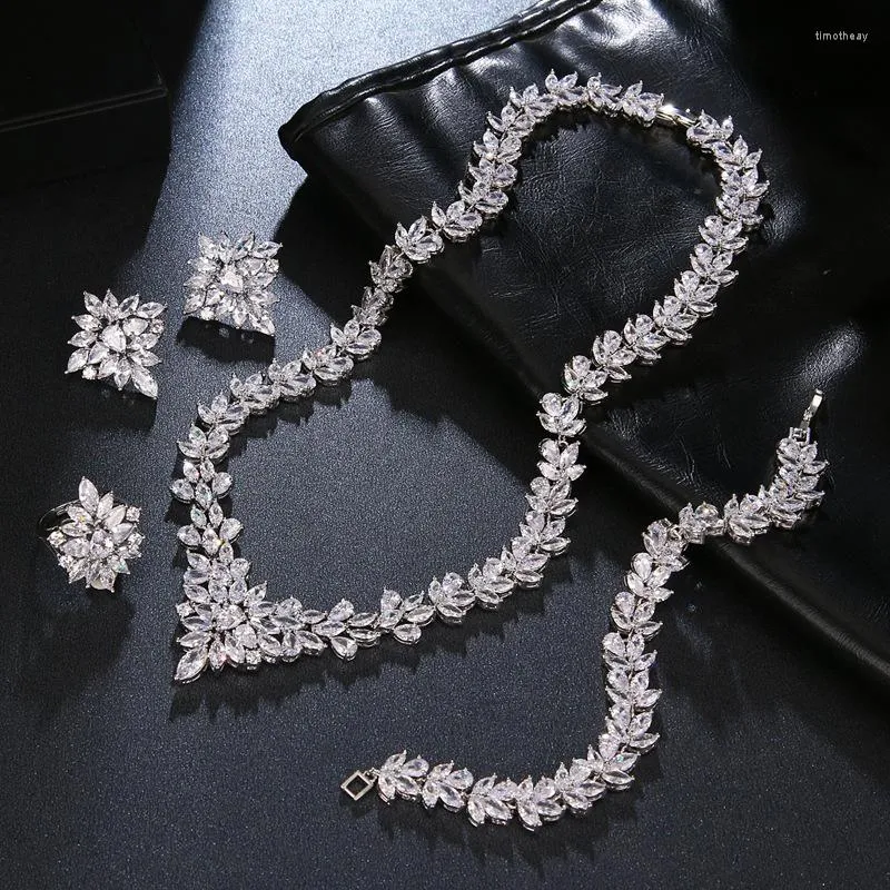 Collier boucles d'oreilles ensemble Rakol marques de luxe 4 pièces brillant cubique Zircon anneau Bracelet mariage robe de mariée accessoires
