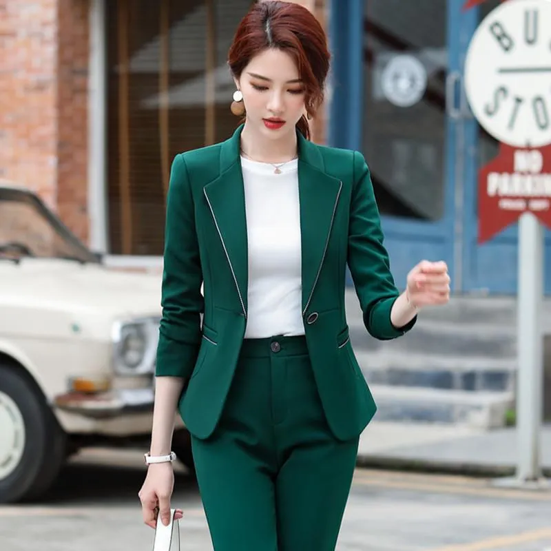 Pantalones de dos piezas para mujer Novedad Diseños de uniformes verdes Trajes de pantalón Trajes de negocios para mujeres profesionales formales con y chaquetas Abrigo Blazer Trouse