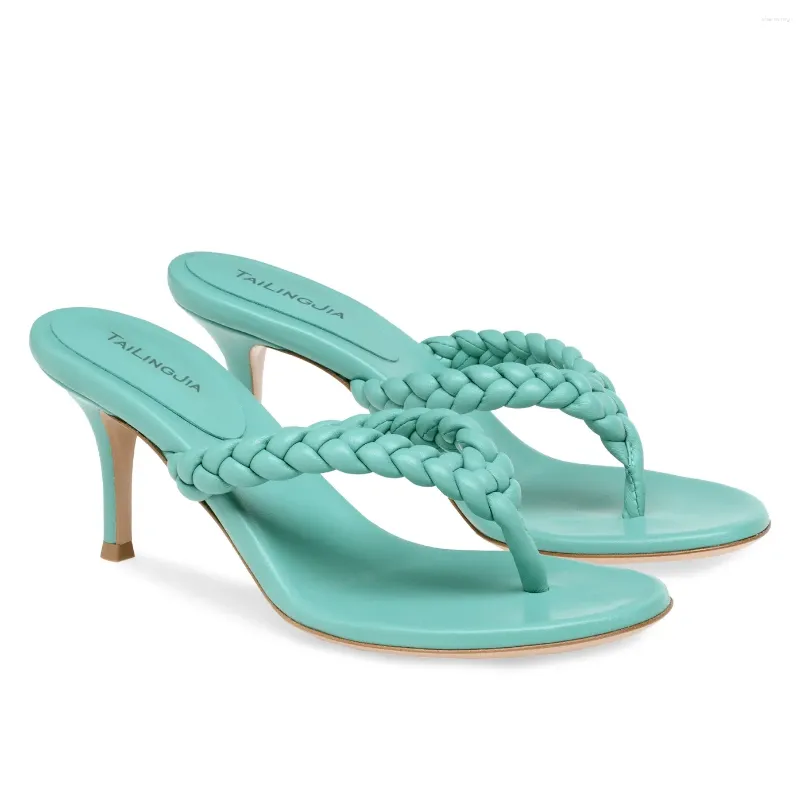 Slippers 2023 Green Weave Flip Flops Clip-On Stiletto High Heel Sandalias Femininas Party Women Slingback Clip Toe Ladies Shoes