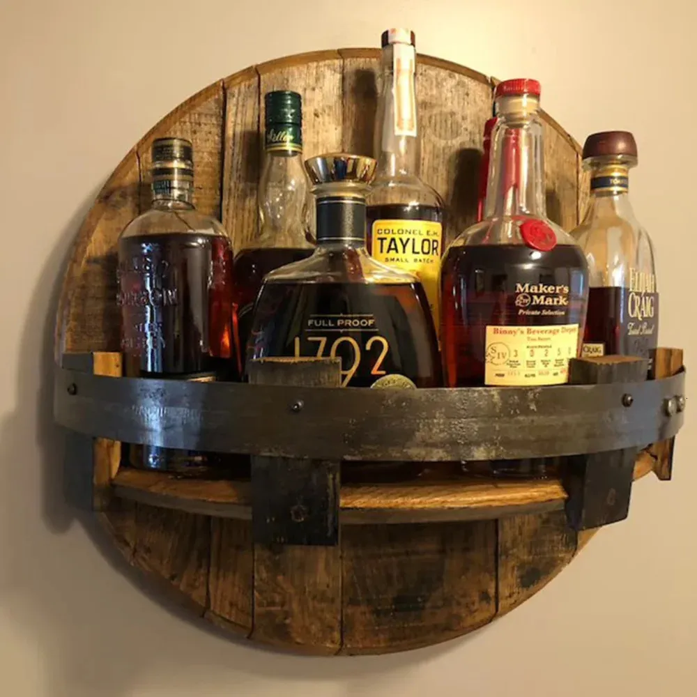 Juldekorationer Whisky Barrel Rack Vintage Tood Liquor Bottle Display Shelf Kitchen Barware Mini Bar Wall Mounted hyllor Vinhållare 231115