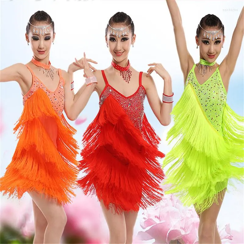 Stage Wear 2023 Girls Sequin Tassel Performance Competition Cha Cha/Rumba/Samba/Ballroom Dance Costume Latin Dress For Girl