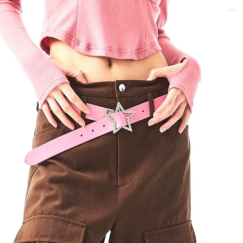 Belts Girls Belt Y2k Personality Fashion Trend All-Match Jeans Accessories Pentagram Metal Buckle Girl Pink Leather Thin Waistband