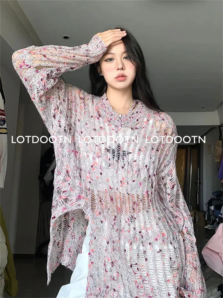 Women's Sweaters LOTDOOTN Pink Gothic Long Sweaters Women Ripped Holes Loose Knitted Pullover Frayed Fairy Grunge Jumpers Y2K Thin Streetwear Top 231115