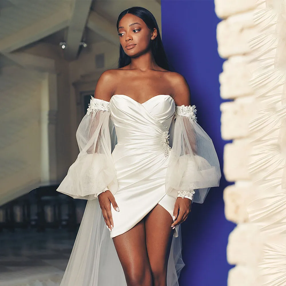 Short Mini Satin Ruched Strapless Wedding Dress Short Mini Satin Ruched Strapless Wedding Dress
