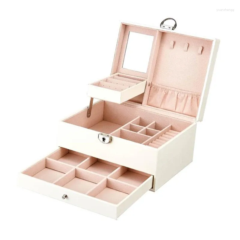 Förvaringslådor lyx ankomst Big Leather Pu Travel smycken Box Organiser Kvinnor Giften Anpassad logotyp med spegel