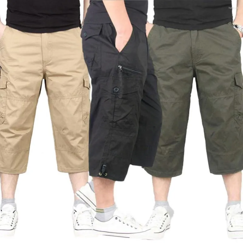 Herrbyxor Sommaren Män Casual Cotton Cargo Shorts Overalls Lång längd Multi Pocket Breeches Militär Capri Man Cropped