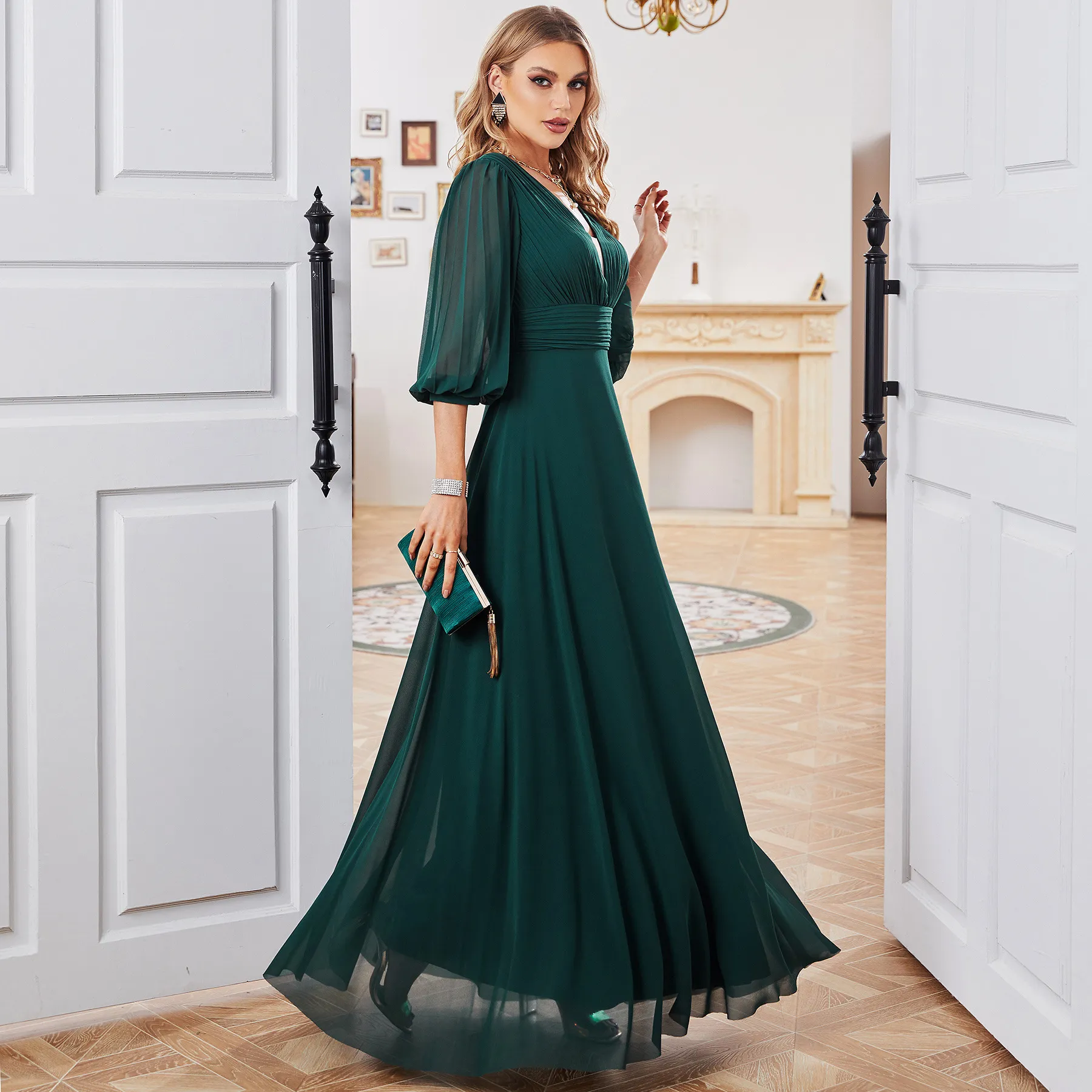 sachin and babi light blue dress Teal Green Chiffon Mother of The Bride Dress with V-Neck and 3/4 Poet  Sleeves Floor-Length A-Line Silhouette from Dhgate Mother's Dresses