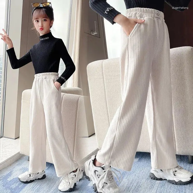 Trousers Kids Girls White Long Pants 2023 Children Casual Wide Leg Teenage Black Velvet Spring Autumn Clothes