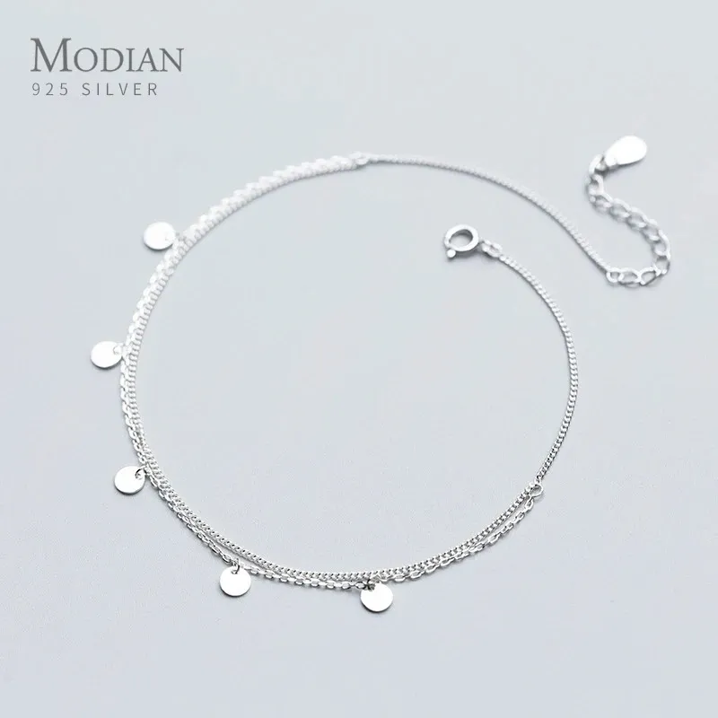 Tornozeleiras Modian Simples Dupla Camada Link Cadeia Tornozeleira para Mulheres Real 925 Sterling Prata Geométrica Lantejoulas Tornozeleira Moda Fine Jewelry 231115