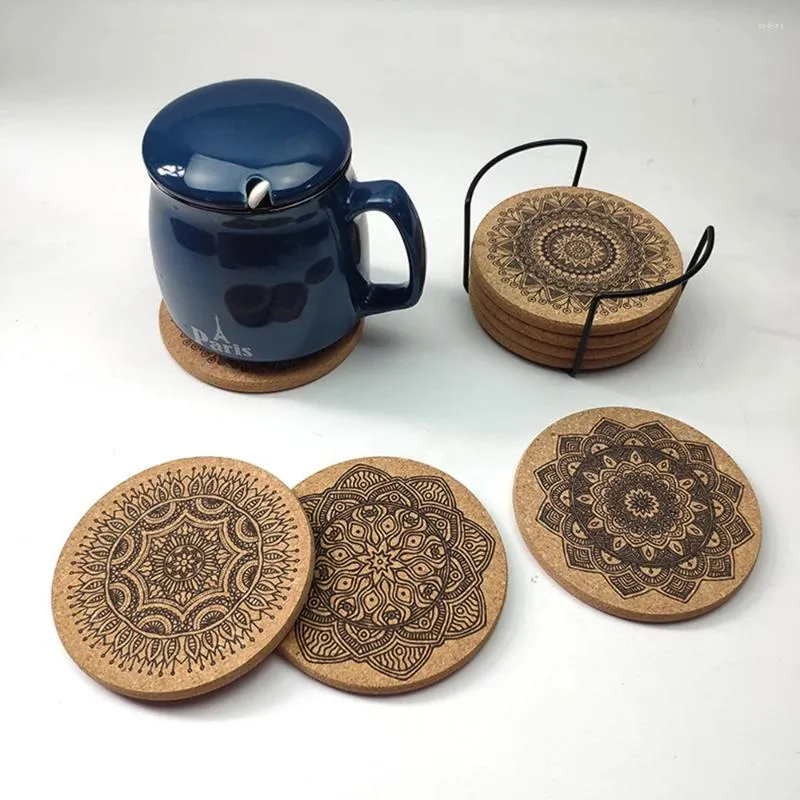 Placemats 1 set ronde houten onderzetters met rek Nordic Mandala kurk creatief ontwerp bekermat