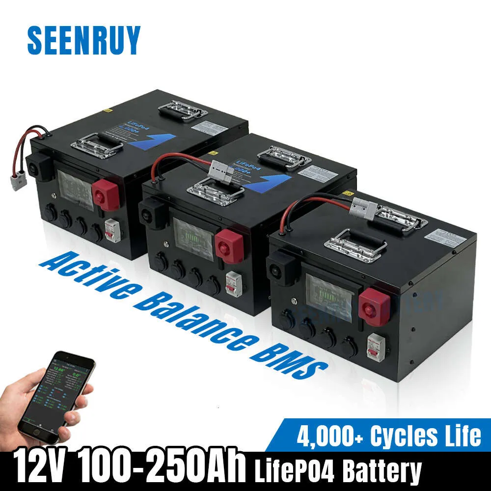 12V 250Ah 200Ah 150Ah 100Ah LiFePO4 Bateria Built-in Active Balance BMS USB à prova d'água para campistas de RV de energia solar fora da rede