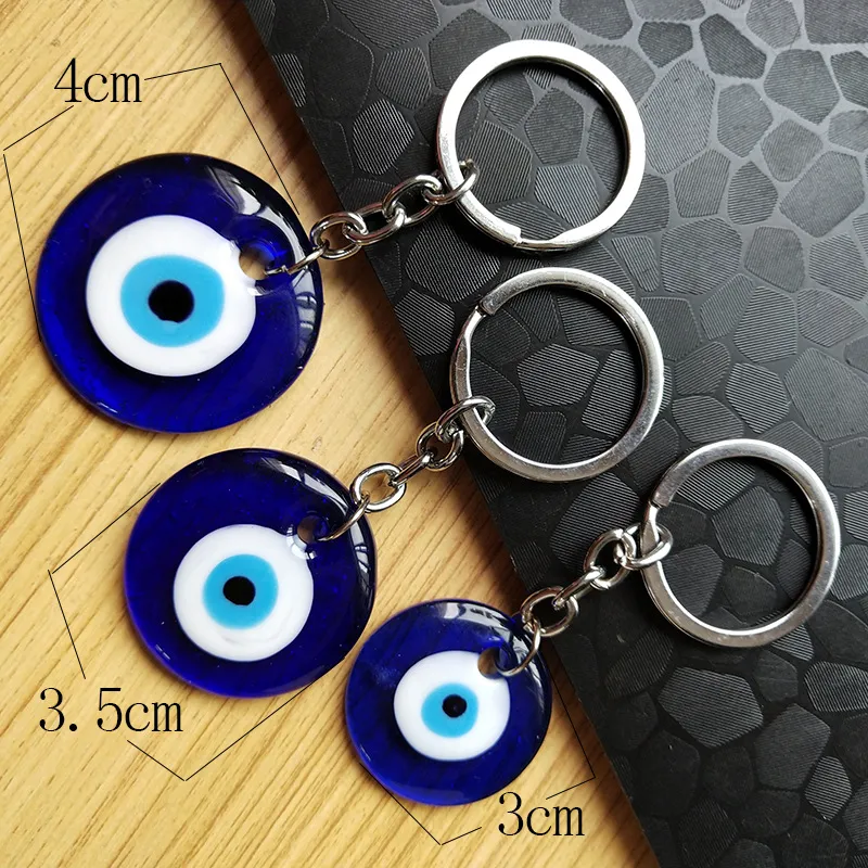 Evil Eye Key Chains Ring 3cm 3,5 cm 4 cm diameter Rund glas Lucky Turkish Blue Eyes Pendant Charms väska Keyrings Fashion Jewelry Accessories Gifts Car Keychains Holder Holder