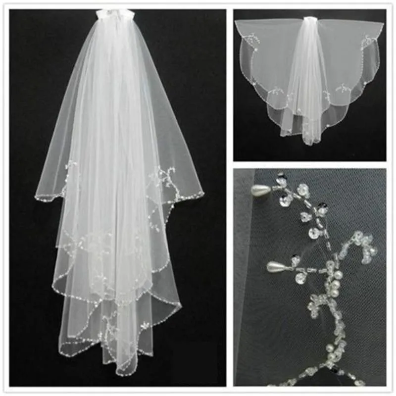 Bridal Veils Veil Two Layers Women's Flower Beaded Lace Pearls Wedding Short Bride With Comb Velo De Novia White IvoryBridal