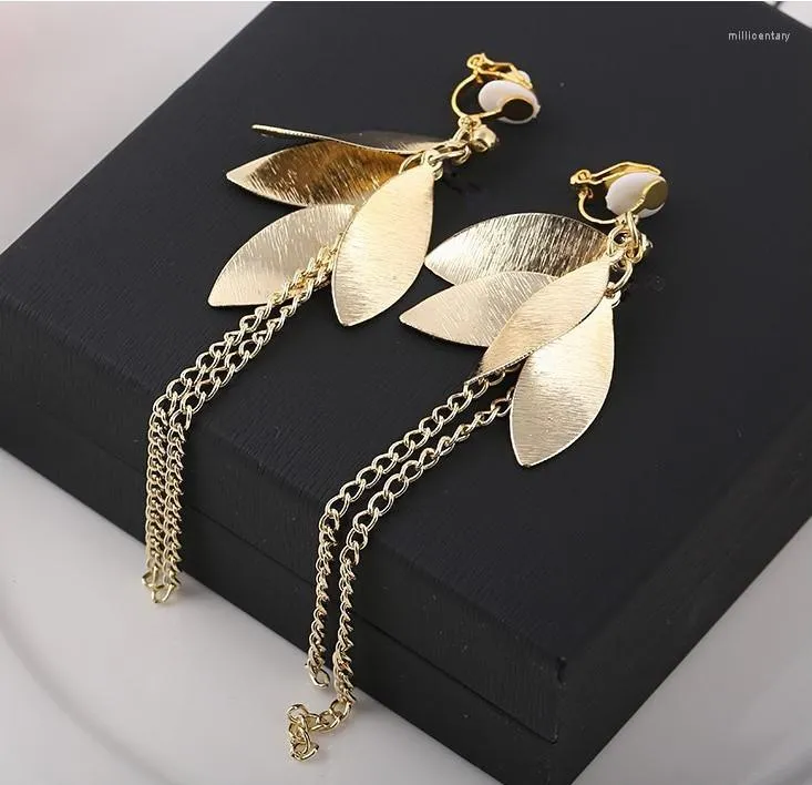 Backs Earrings Gold Siver Color Leaves Long Tassel Ear Clip On For Women Party Jewelry Simple Design Ear-hook Non-piercing Cuff