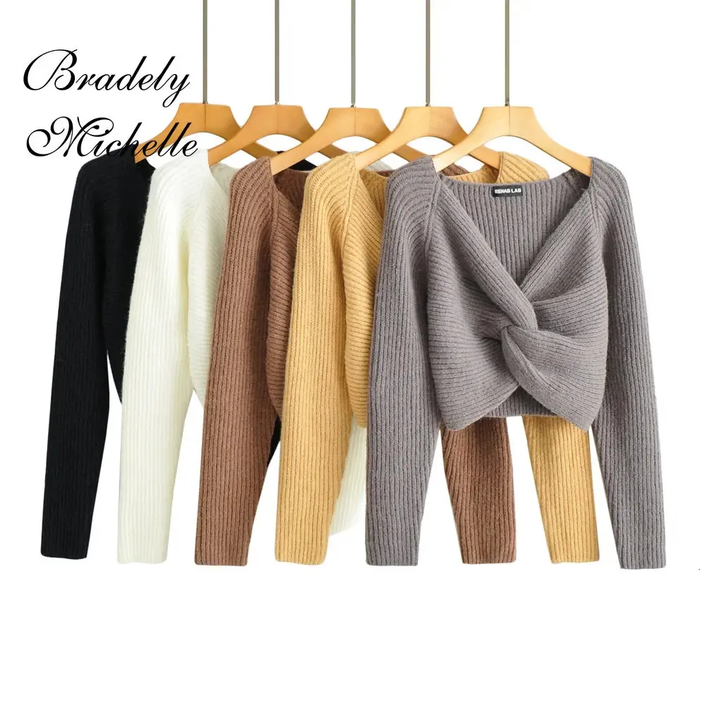 Kvinnors tröjor Kvinnor Autumn Streetwear Sweater Solid Color Long Sleeve V-Neck Kink Pullover Top Knit Crop Tops Sweaters 231115