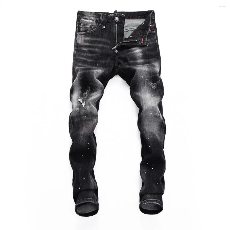 Jeans masculinos Pleinxplein Design original masculino Slim Black Denim Troushers Skulls Straight Elastic Stretch Pants for Men Party