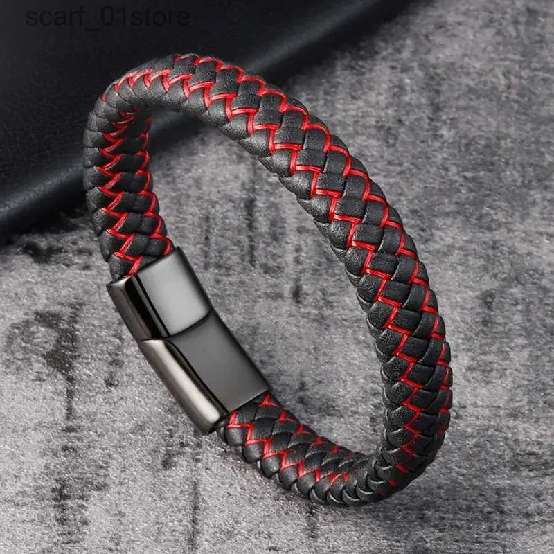 Cadena Tren Pulsera de cuero genuino rojo para hombres Joyería lticolor Cierre de acero inoxidable Pulsera trenzada Hombre Punk GiftL231115