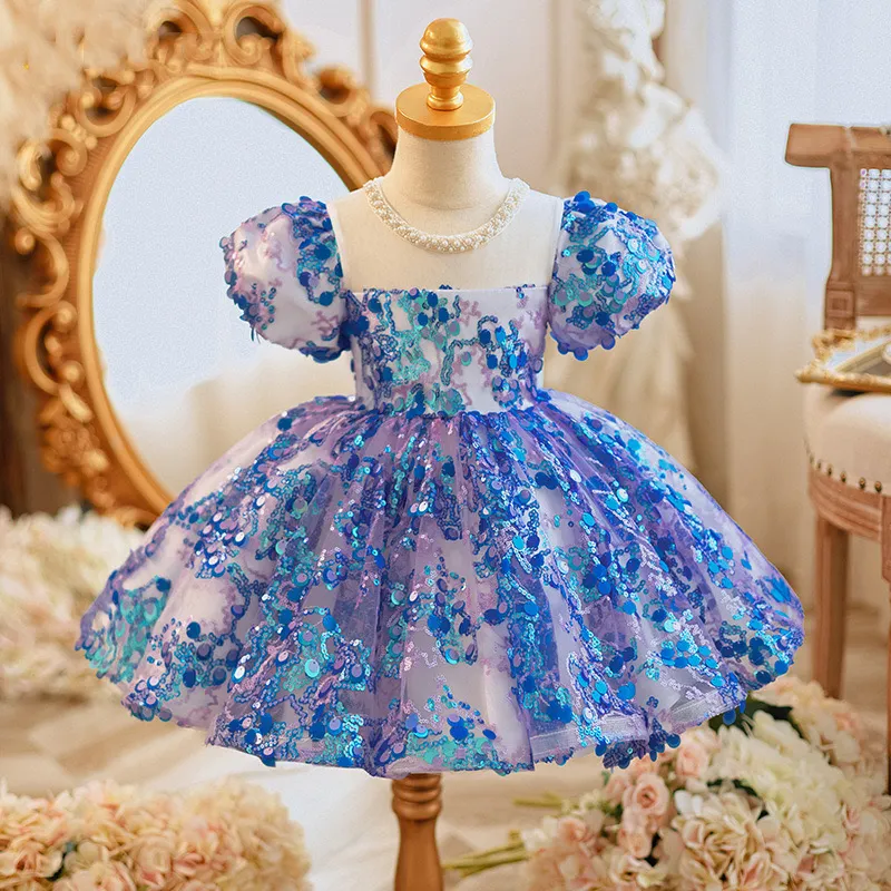Shiny Purple Blue Flower Dresses For Wedding Ball Gown Pearls Necklace Skirts Toddler Pageant Gowns Tulle Kids Baby Little Girl Birthday Formal Party Dress 403