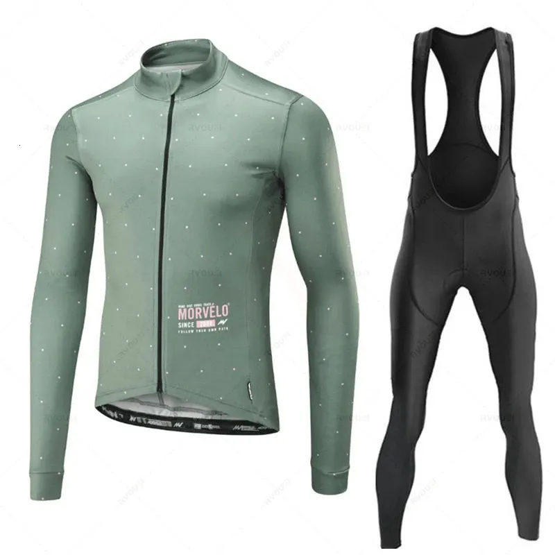 Maglia da ciclismo Set Morvelo Autunno Set da uomo Manica lunga Abbigliamento da bici MTB Uniforme Maillot Ropa De Ciclismo Pantaloni sportivi con bretelle da bicicletta 231115