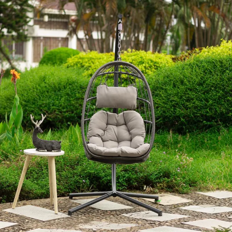 Camp Furniture Outdoor Patio Wicker Hanging Chair Swing Egg UV Resistant Grey Cushion Aluminum Frame For Beach Yard