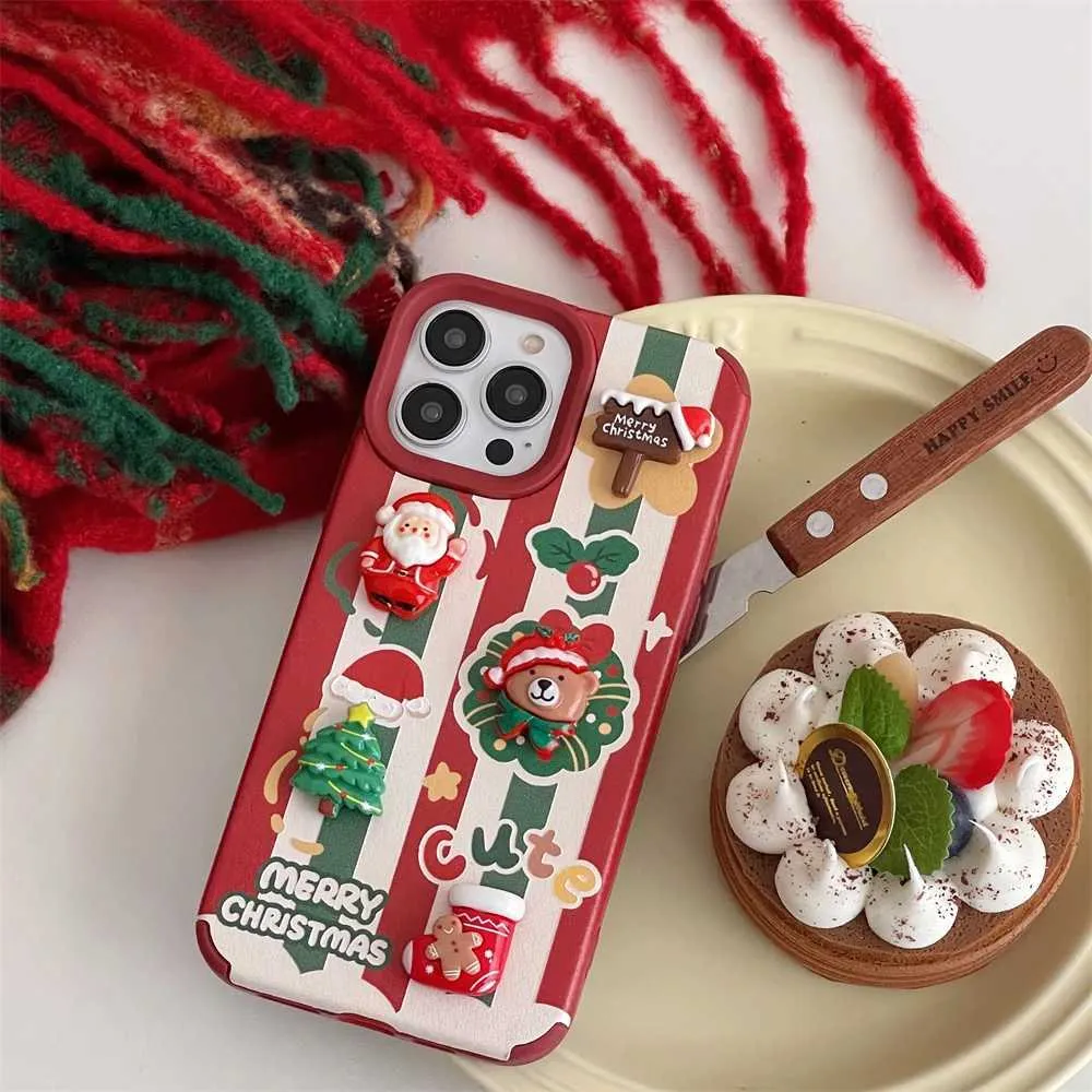 Cell Phone Cases Cute 3D Santa Claus Christmas Tree Bear Stripe Phone Case For iPhone 15 Pro Max 12 14 Pro 11 13 Graffiti Cartoon CoverL23/11/16