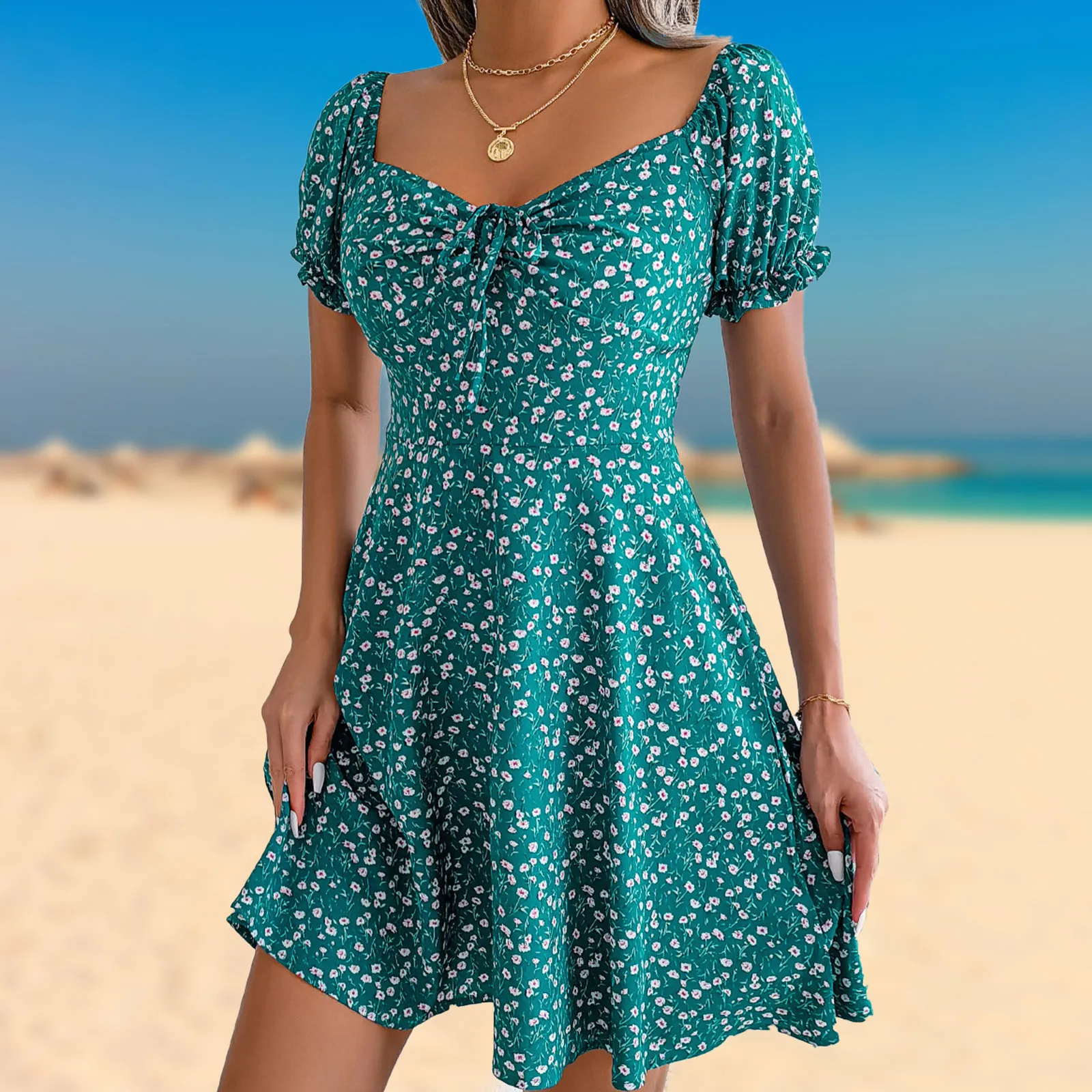 Square neck short sleeve dresses best sale