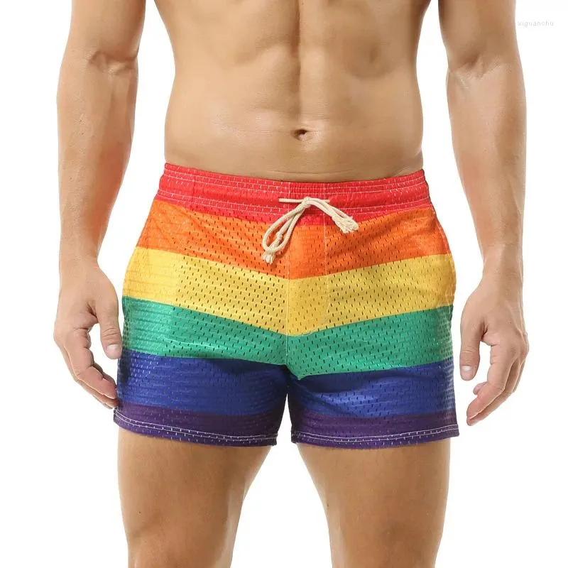 Underpants arco-íris calças masculinas tether oco respirável fino solto moda bolso elástico plus size cintura sweatpants homens