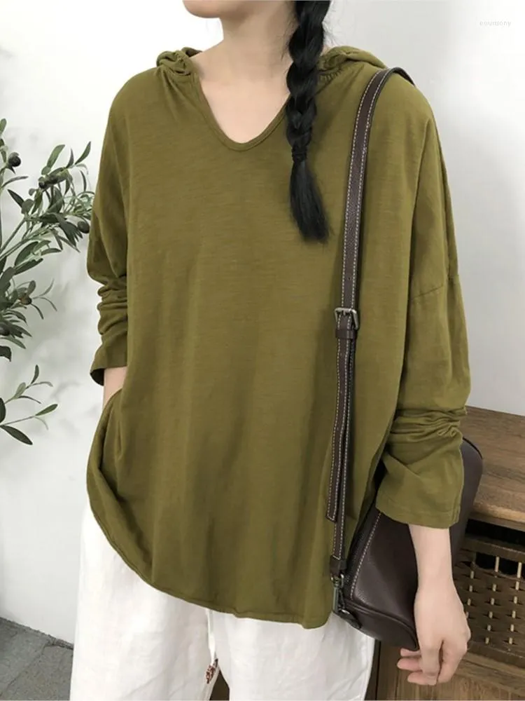 Women's T Shirts Bamboo Cotton Women T-shirt Hooded 2023 Autumn Spring Pullovers Solid Color Casual Thin Loose Basic Tops Female