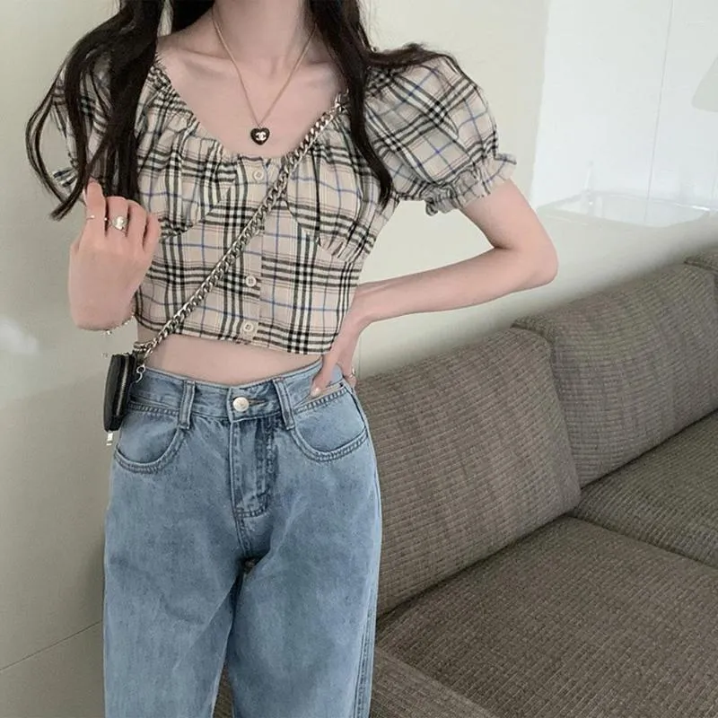 Bluzki damskie Summer Kobiety Koszule Vintage Plaid Short Puff Sleeve Top Ladies Sweet Cute Ulzzang Ablingals Blusas Mujer