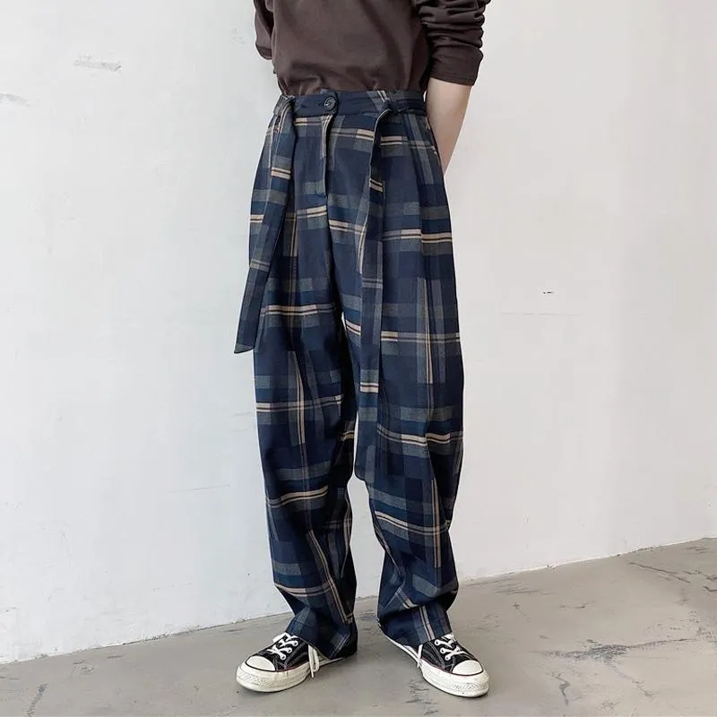 Men's Pants Plaid Men Vintage High Waist Slim Casual Loose Straight Spring And Autumn Drape Trousers Trend Korean Wide-leg