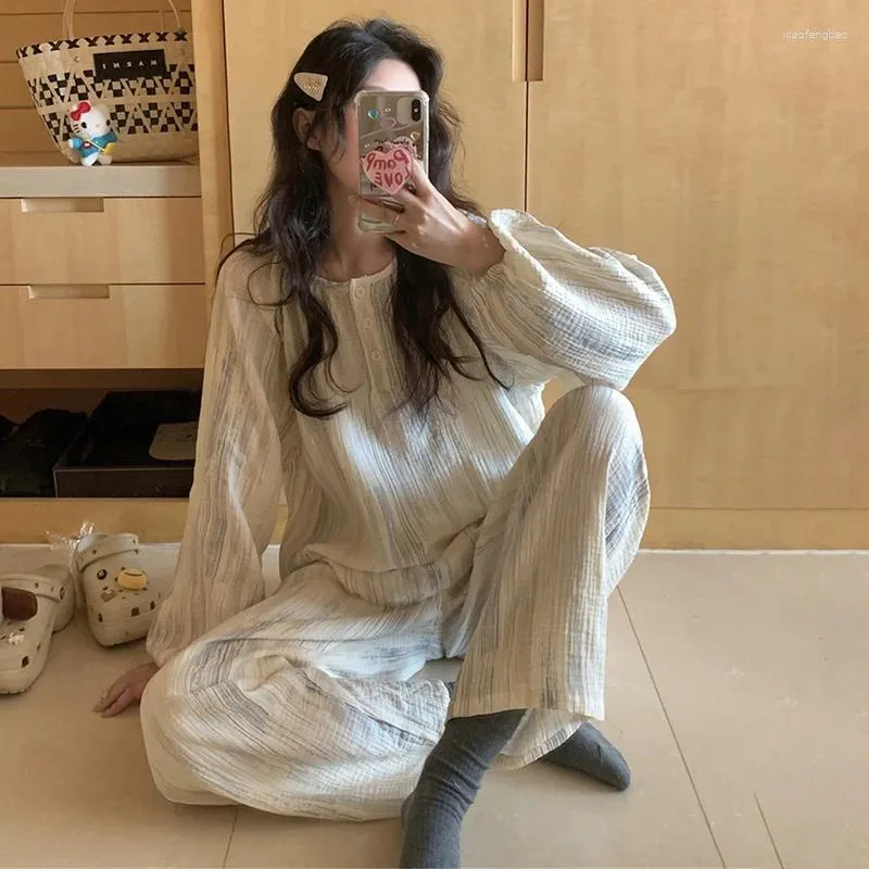 Vêtements de nuit pour femmes doux simple hiver automne style coréen rayé à manches longues pyjama ensemble femmes kawaii confortable élégant décontracté lâche