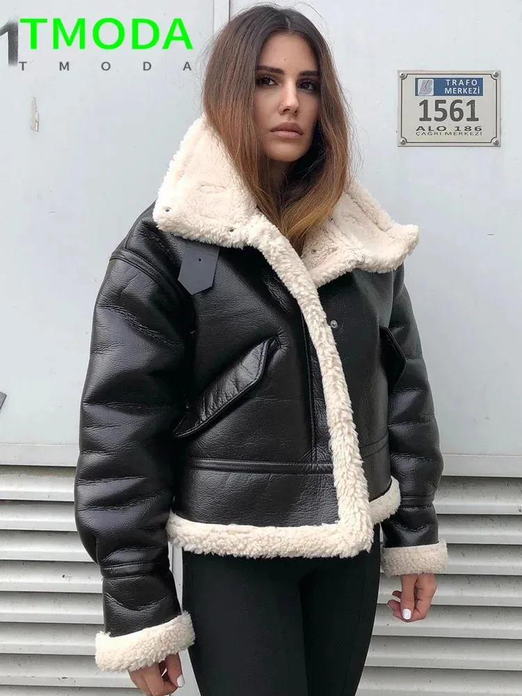 Womens Vintage Shearling Jacket - Stylish Faux Leather Coat