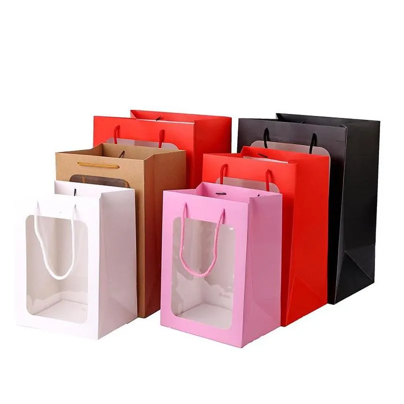 Present Wrap High Quality Colorf Kraft Paper Bag med handtagsfestfönstren Fönsterväskor LX2188 Drop Delivery Home Garden Festive S DHDNM